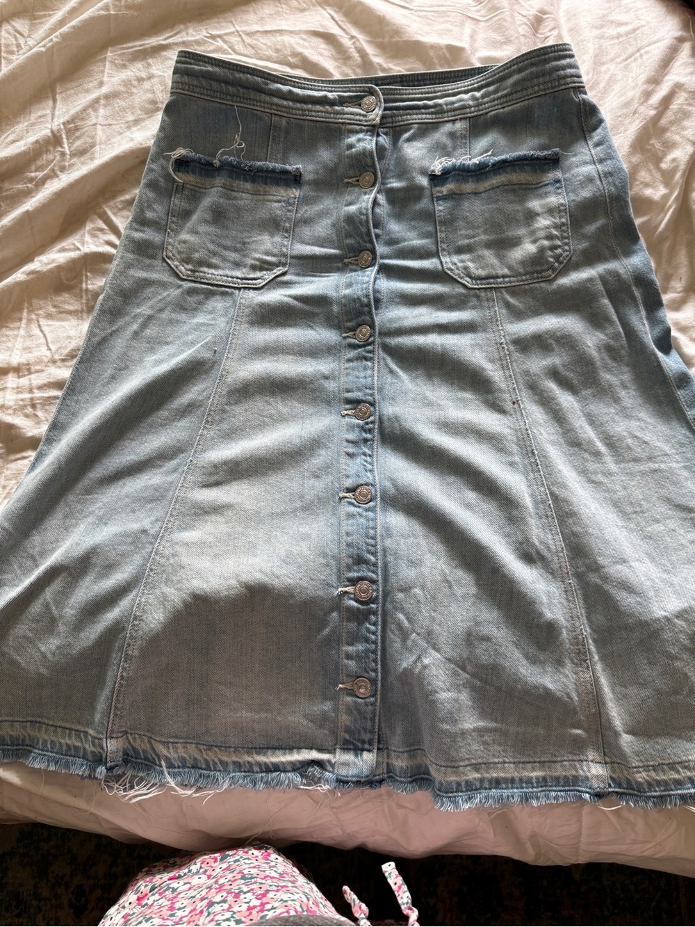 7 For All Mankind Light Blue Button-Front Denim Midi Skirt